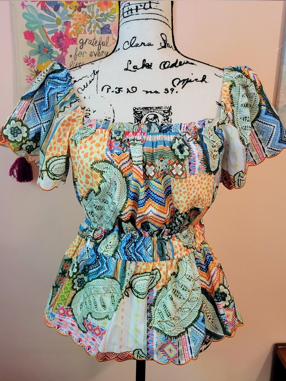 Fate Boho Peasant Top in Multi Floral Patchwork, Pink, Blue, Orange, NWT, XS